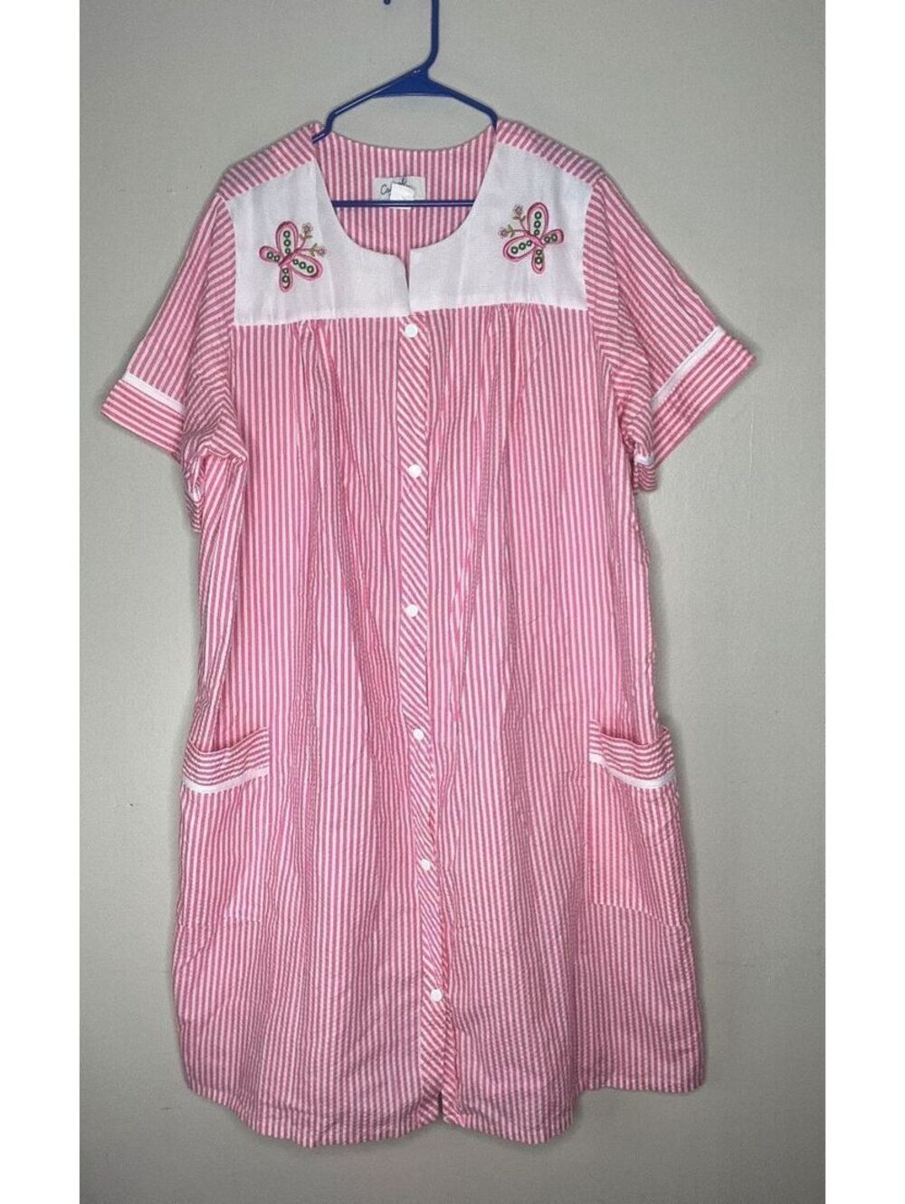 Casual Nights Pink and White Striped Snap Button-Front Housecoat 3XL